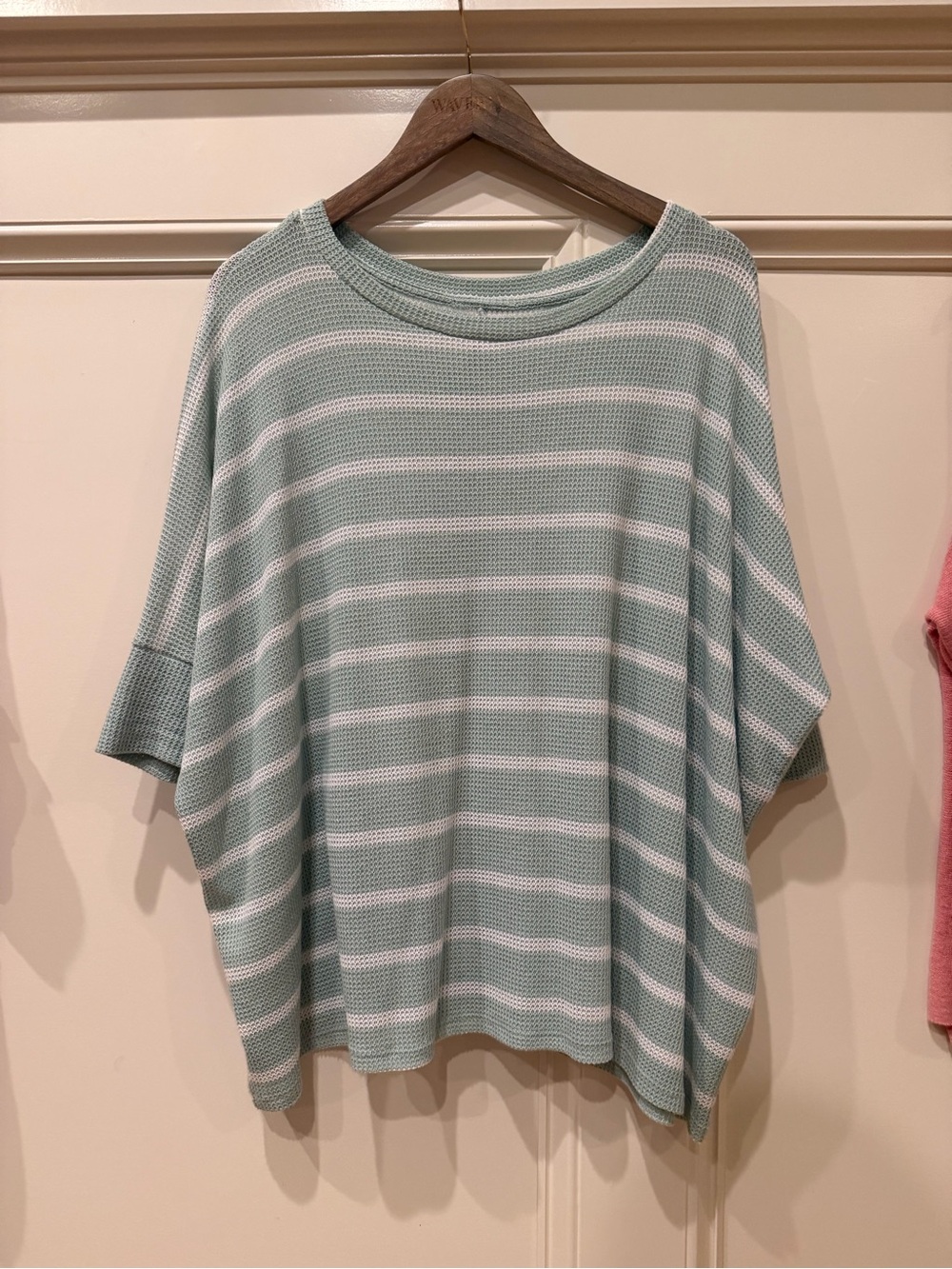 Striped Relaxed Summer Knit Top in Mint Blue and White